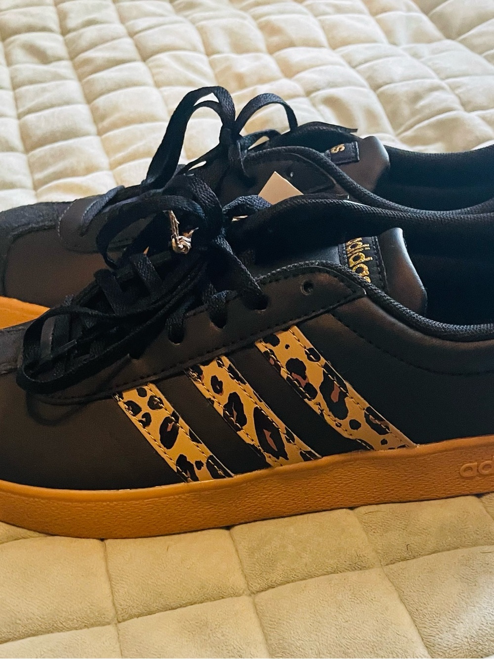 adidas Black Sneakers with Leopard-Print Stripes and Gum Sole